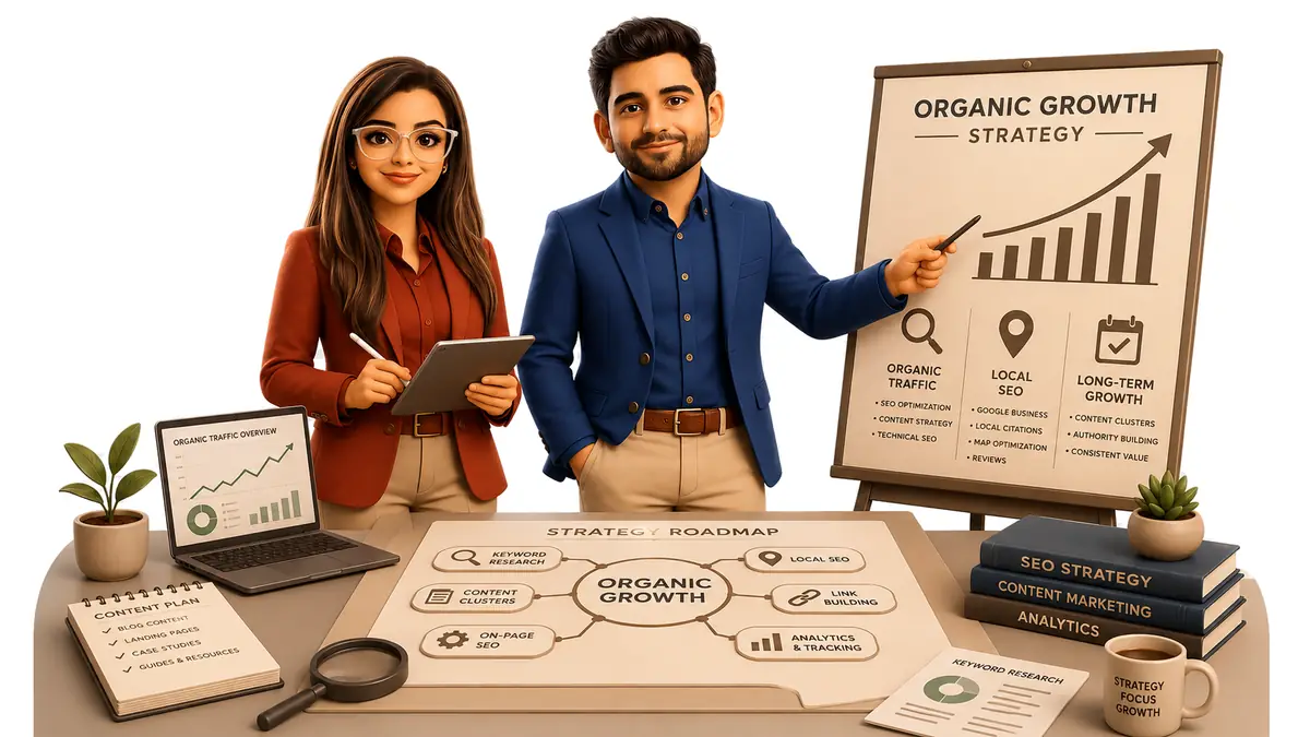 Rachel and Daniel, founders of Axel SEO Digital Solutions, presenting an organic growth strategy