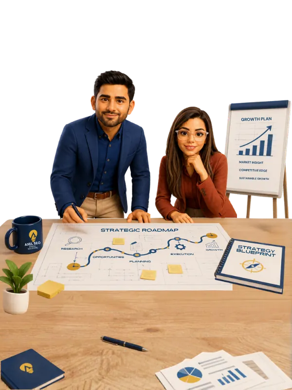 Rachel and Daniel mapping a client's strategic roadmap: research, planning, execution and growth